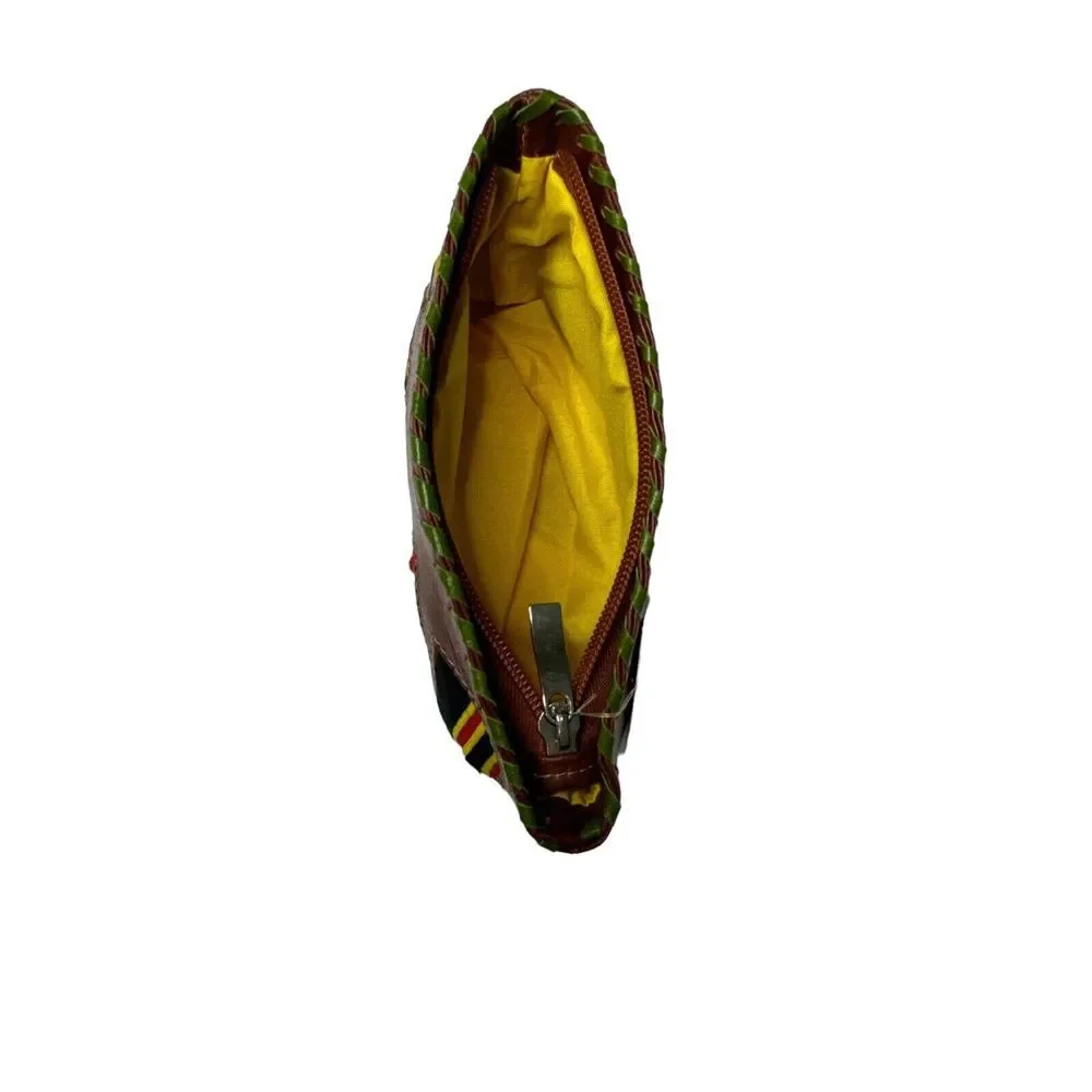 Arte Kuna Colombia 100% Leather Zippered Makeup Bag with 4 Square‎ Mola Design